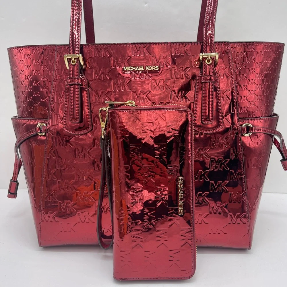 MICHAEL KORS Voyager Lg Metallic Logo Debossed EW  Tote & Jet Set Lg Logo Wallet - Picture 3 of 16